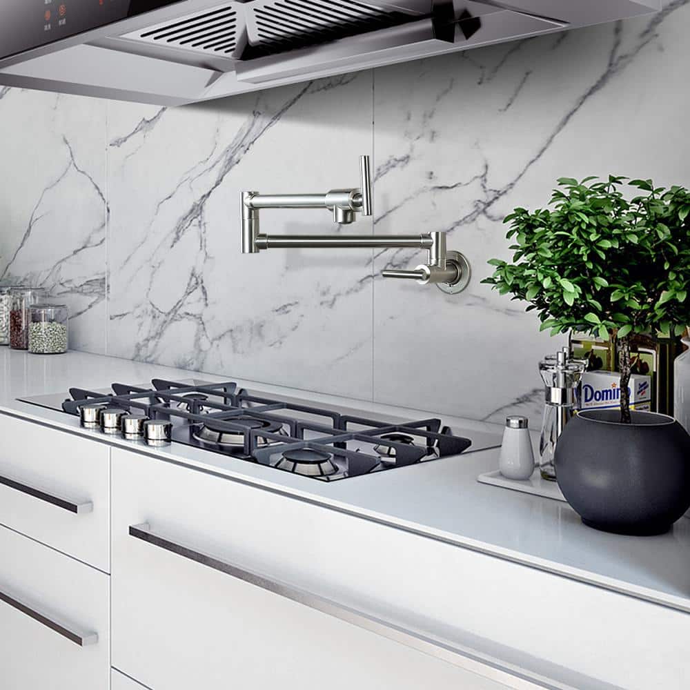 Brushed Nickel Wall Mount Double Handle Pot Filler Faucet