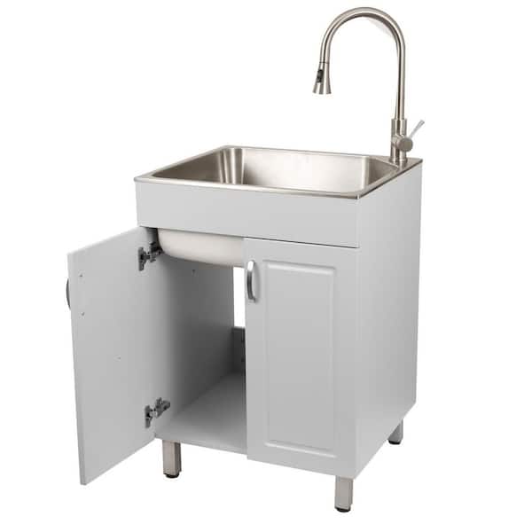 Presenza Brushed Steel Utility Tub with Faucet and Cabinet