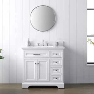 Thompson 36 in. W x 22 in. D Bath Vanity in White with Engineered Stone Vanity in Carrara White with White Sink