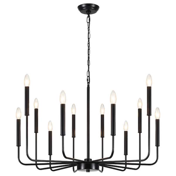 12-Light Black Candlestick Hanging Island Linear Chandelier Lighting Fixture for Kitchen Island