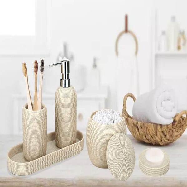 Beige Resin Bathroom Accessory Set, 5 Pcs Bathroom Accessories Set with  Lotion Dispenser,Soap Dish,Toothbrush Holder,Vanity Tray,Qtip Holder
