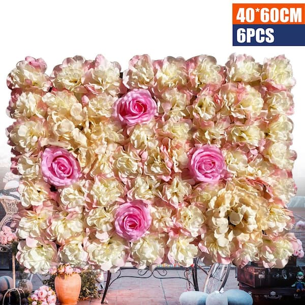 Yiyibyus 6-Piece Pink and White Artificial Silk Rose Wall Flowers Panel for Wedding Decor