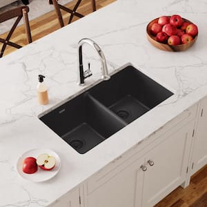 Quartz Classic 33 in. Undermount Double Bowl Black Granite/Quartz Composite Kitchen Sink Only