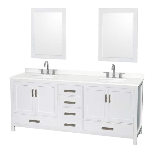 Wyndham Collection Sheffield 80 in. W x 22 in. D x 35 in. H Double Bath Vanity in White with White Quartz Top and 24 in. Mirrors