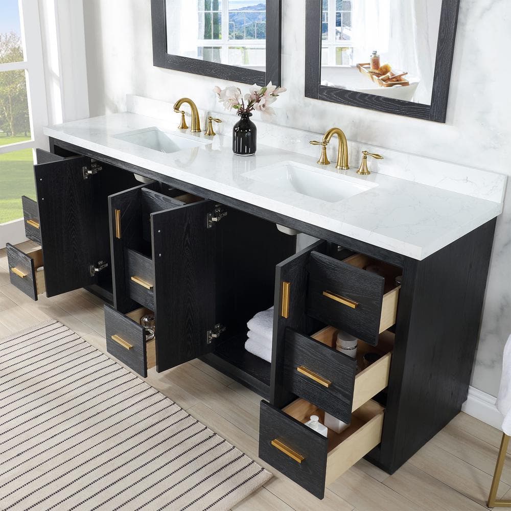 Gazsi 84" Black Oak Vanity with Composite Stone Top