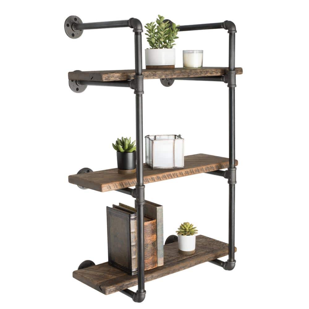 Industrial Black Steel and Wood 3-Tier Wall Mounted Shelf