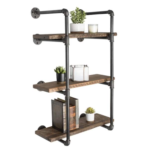 1/2 in. x 11.75 in. D x 35 in. H Black Steel Pipe Wall Mounted 3-Tier Shelf Kit 1/2 in. x 11.75 in. D x 35 in. H Black Steel Pipe Wall Mounted 3-Tier Shelf Kit