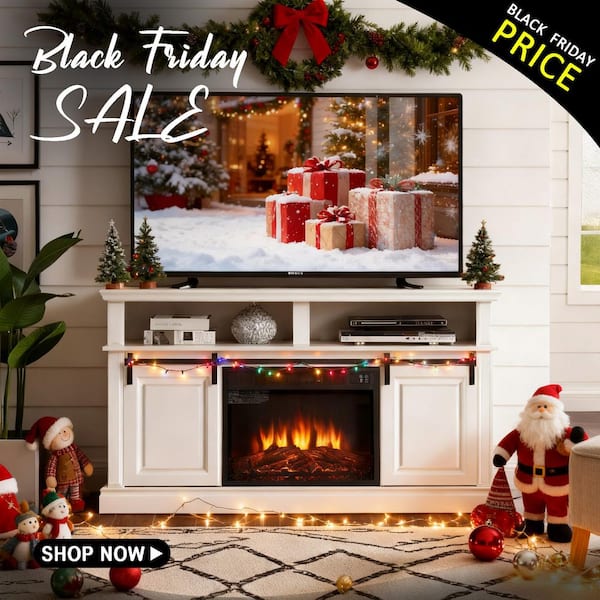 58 in. Freestanding Electric Fireplace TV Stand with Storage Space and Multifunctional Sliding Doors in Antique White