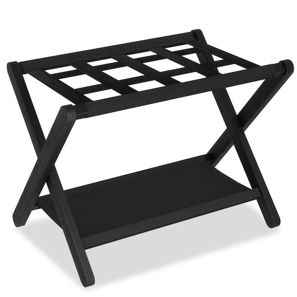 Black Luggage Rack with Storage Shelf and 5 Nylon Straps, Folding Suitcase Stand for Guest Room, Bedroom, Hotel