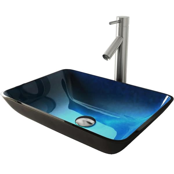 VIGO Turquoise Water Glass Rectangular Vessel Bathroom Sink with Dior Faucet and Pop-Up Drain in Brushed Nickel