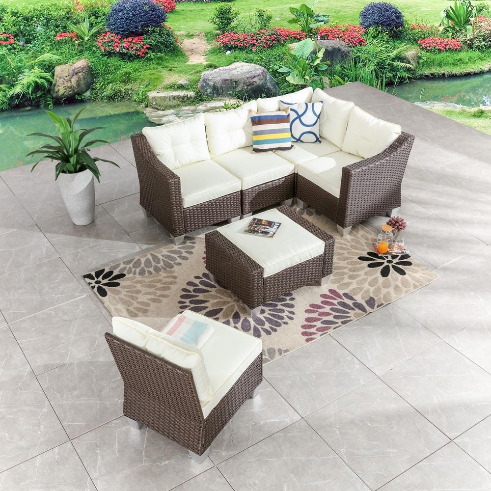 6-Piece Wicker Outdoor Sectional Set with Beige Cushions