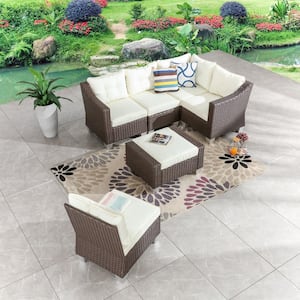 6-Piece Wicker Outdoor Sectional Set with Beige Cushions