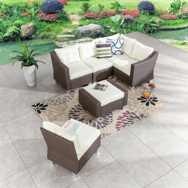 Patio Festival 6-Piece Wicker Outdoor Sectional Set with Beige Cushions ...