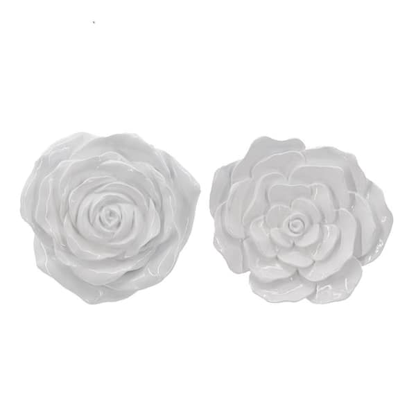 Benjara Dazzle 7 and 8 in. White Resin 3-D Rose Hanging Wall Accent (Set of 2)