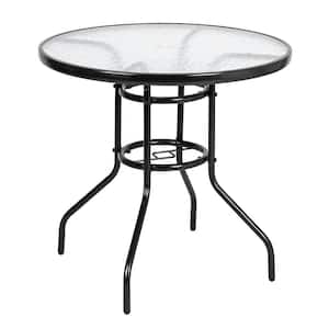 Round Steel Outdoor Dining Table with Glass Tabletop