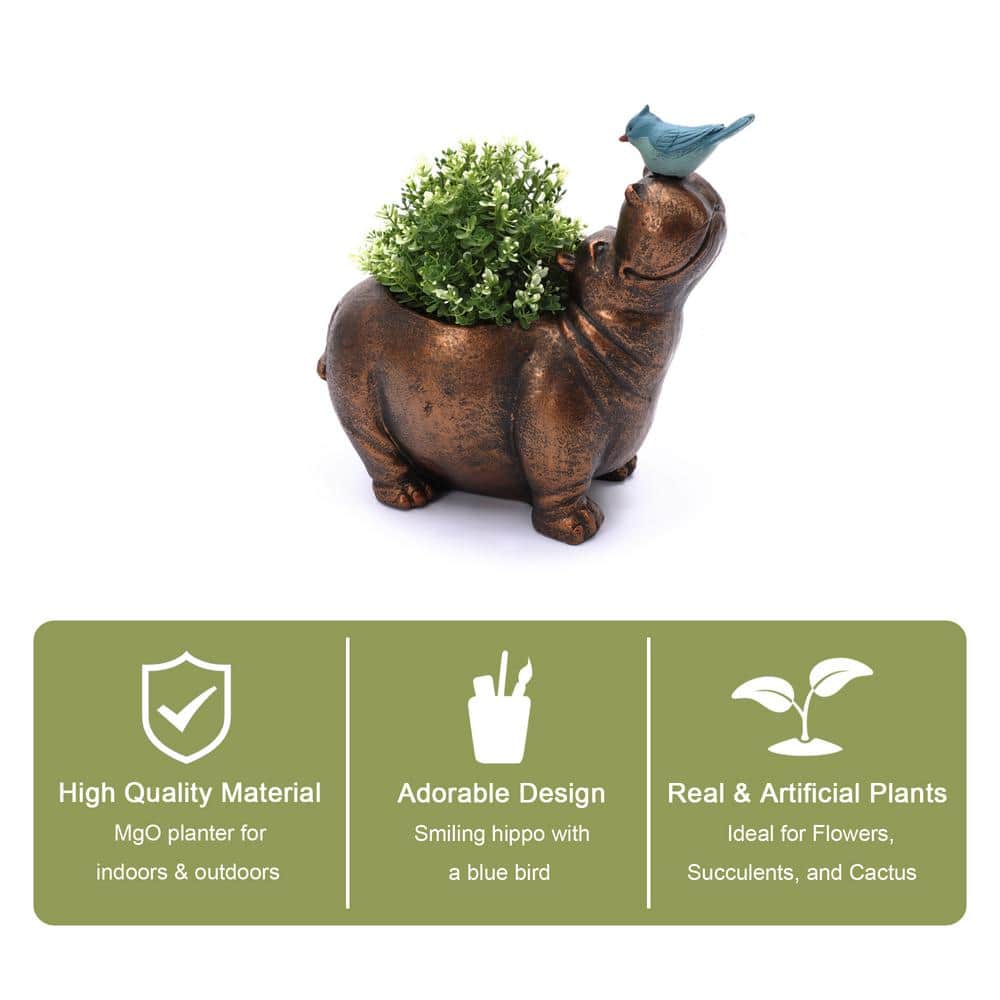 Brown Hippo and Blue Bird MGO Flower Pot Planter