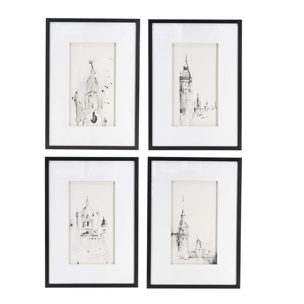 Black and White Architectural Framed Canvas Prints Set of 4