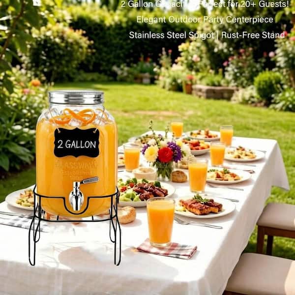 2 gal. Mason Jar Style Glass Beverage Dispenser with Stand Ice Core 18/8 Stainless Spigot 13 in. Unit