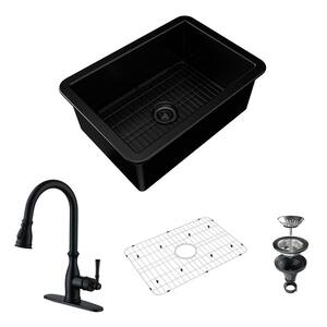 27 in. Undermount Single Bowl Fireclay Kitchen Sink with Matte Black Faucet, Bottom Grid and Strainer Basket