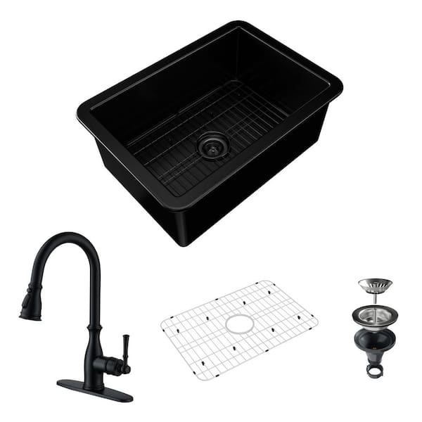 Boyel Living 27 in. Undermount Single Bowl Fireclay Kitchen Sink with Matte Black Faucet, Bottom Grid and Strainer Basket