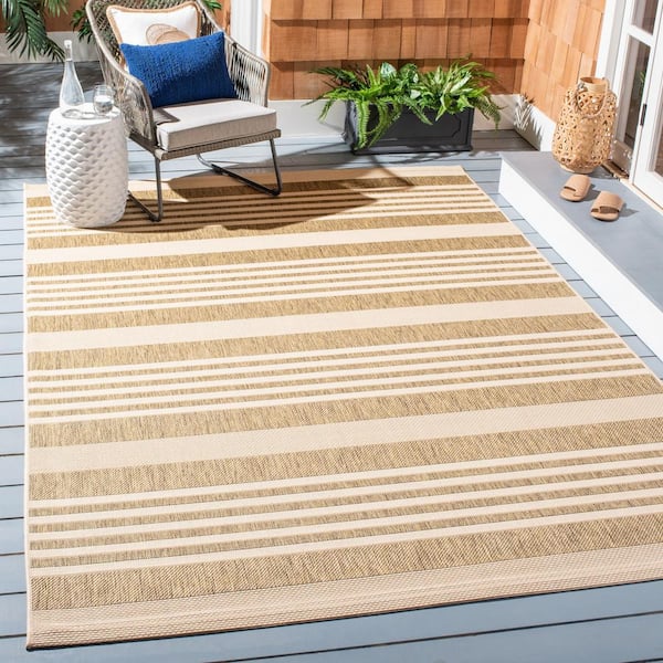 Courtyard Brown/Bone 8 ft. x 11 ft. Striped Indoor/Outdoor Patio  Area Rug