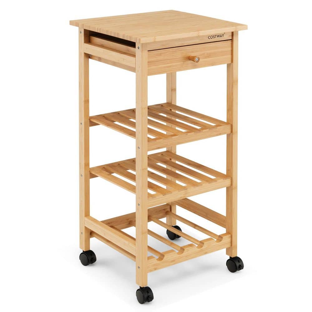 Costway Bamboo Rolling Kitchen Island Utility Trolley Cart w/Drawer & Wine Rack TH654A254ANA