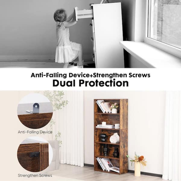 Tileon 5-Shelf Brown Freestanding MDF Open Bookcase, Pantry