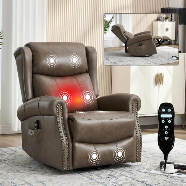 Grey Genuine Leather Manual Swivel Glider Recliner Chair with Massage and Heat, Nailhead Trim, Side Pocket