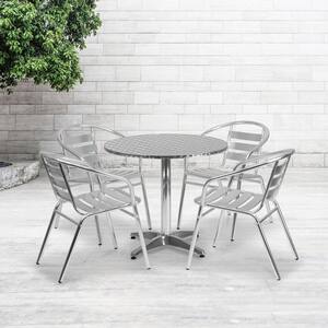 5-Piece Aluminum Outdoor Dining Set 31.5 in. Round Outdoor Table Set with 4 Slat Back Chairs in Silver