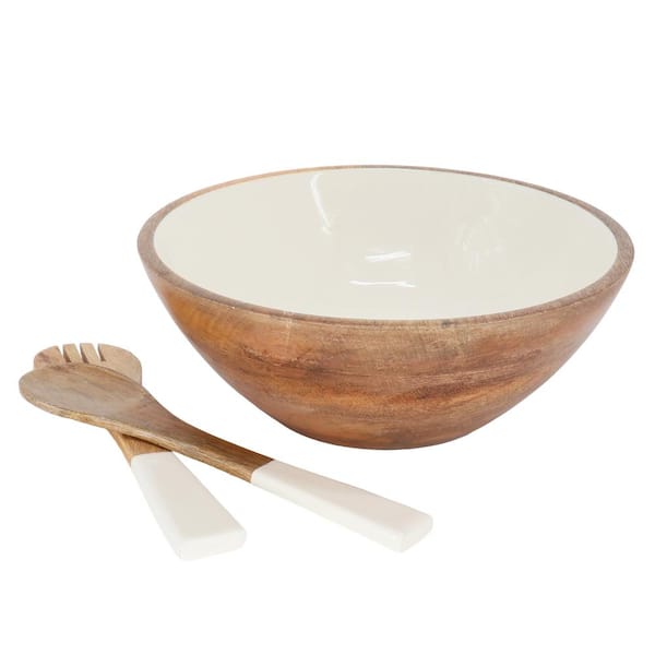 Laurie Gates 12 in. 56 fl. oz. White and Brown Enameled Mango Wood Serving Bowl and Serving Utensils