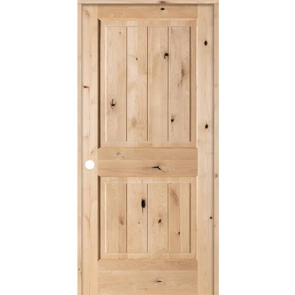 Krosswood Doors 36 in. x 80 in. Knotty Alder 2 Panel Square Top V-Groove Solid Wood Right-Hand Single Prehung Interior Door