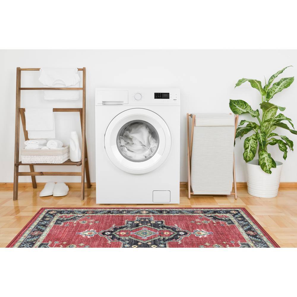 Red Medallion Polyester Rectangular Washable Area Rug 2' x 3'