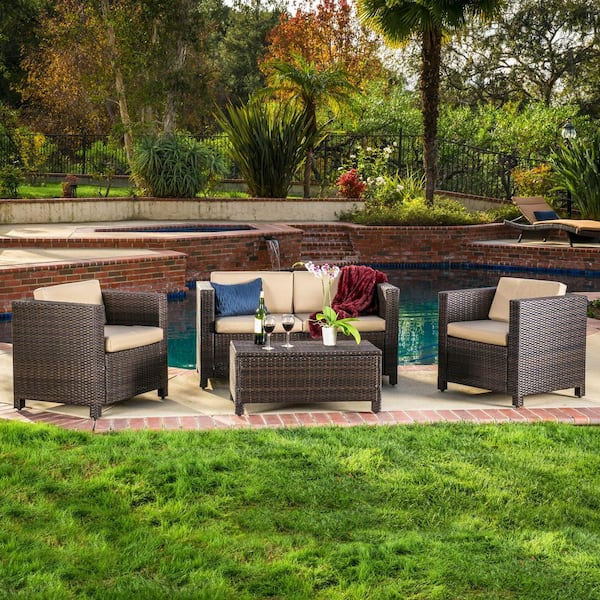 4-Piece Wicker Outdoor Sectional Set with Water Resistant Polyester Cushions durable construction