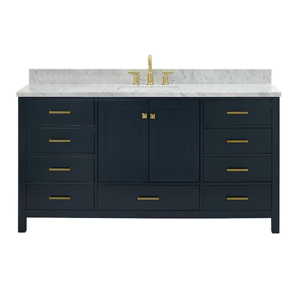 Cambridge 66 in. Single Sink Freestanding Bathroom Vanity in Midnight Blue with Carrara White Marble Top