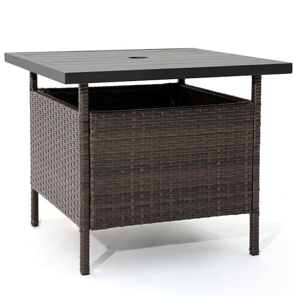 Mix Brown and Black Square Wicker Outdoor Side Table with Umbrella Hole