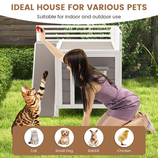 Outdoor White and Gray Wooden 2-Lever Cat House with Escape Door,  Waterproof Roof, Slide