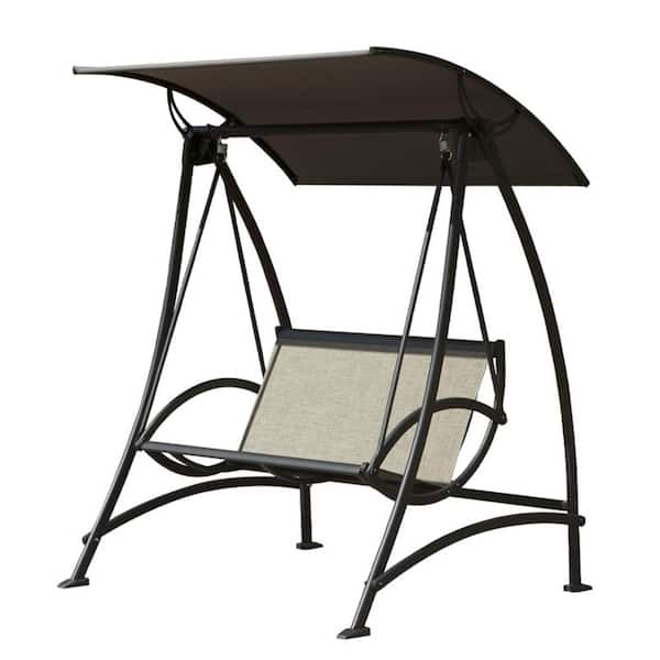 Unbranded 2-Seat Dark Brown Metal Patio Swing Chair with Adjustable Canopy, Patio Swing Glider for Garden, Porch, Backyard