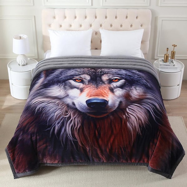 Wolf Pattern Rabbit Fur Blanket Striped Microfiber Plush Bed Blanket 85 in. x 93 in. 9LB