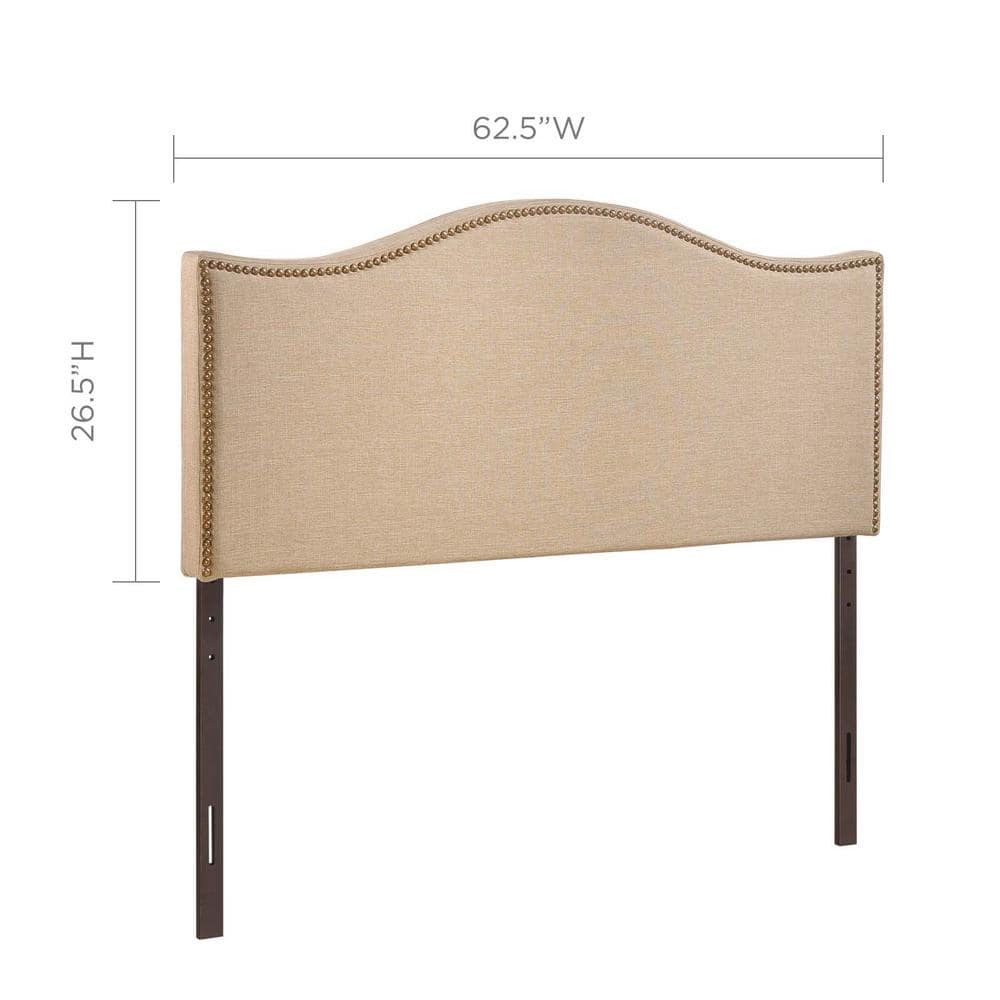 Beige Linen Upholstered Queen Headboard with Nailhead Trim