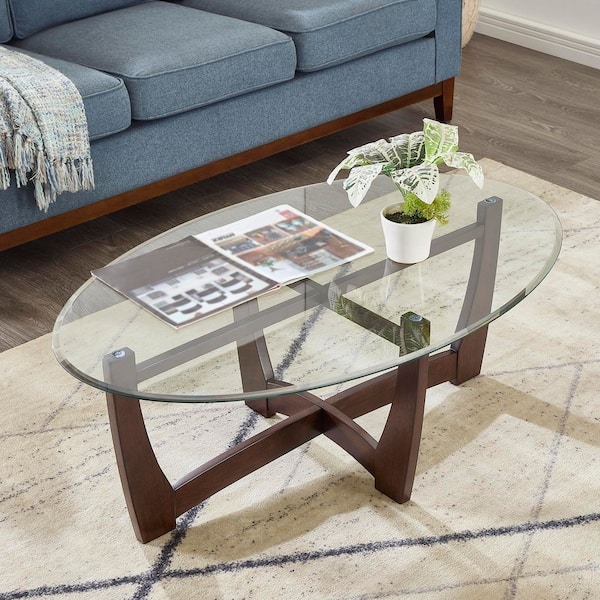 Trix Mid-Century Modern 48 in. Round Brown Wood Coffee Table, End Table, Side Table with Glass Top, Cherry