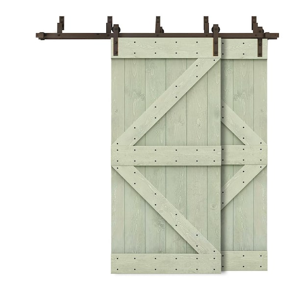 CALHOME 92 in. x 84 in. K Bypass Sage Green Stained DIY Solid Wood Interior Double Sliding Barn Door with Hardware Kit