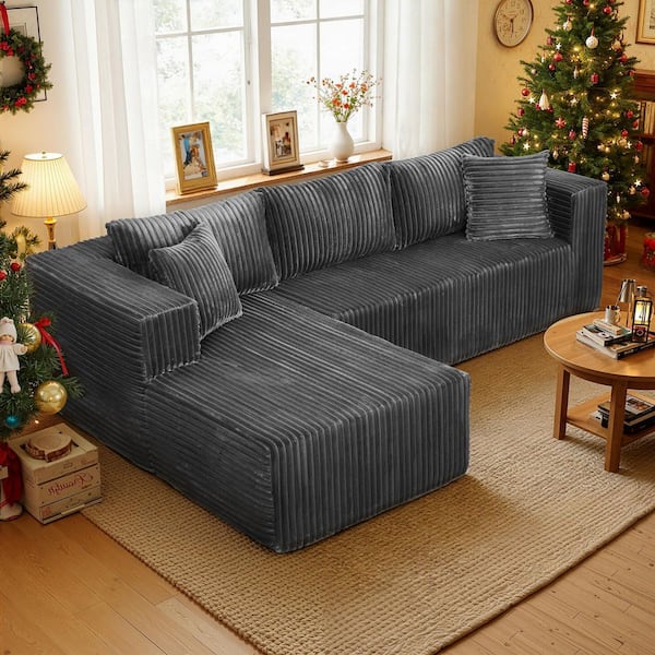 105.11 in. Wide Square Arm 2-Piece Modern Corduroy Fabric L-Shape Modular Sectional Sofa in Gray with Chaise
