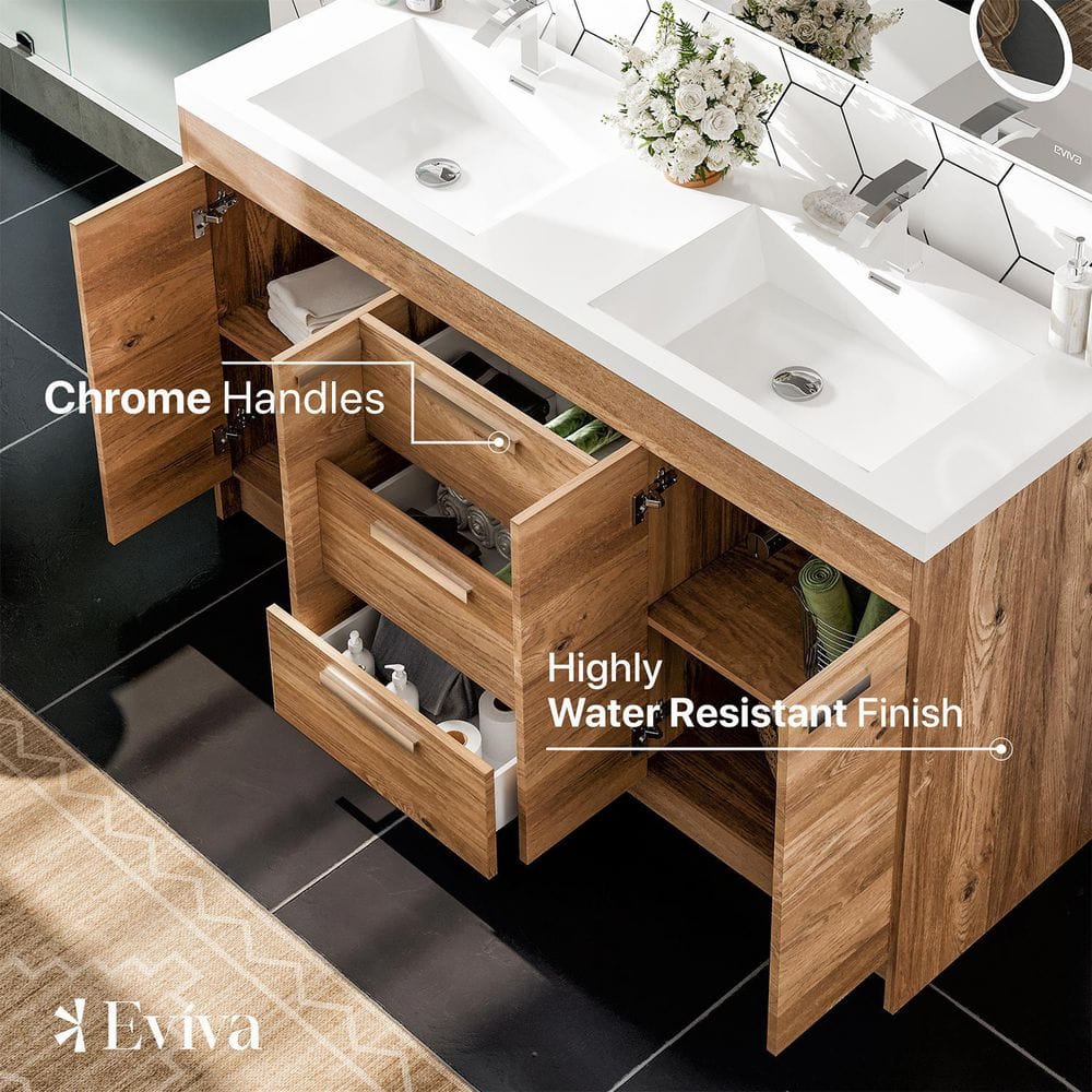 Lugano 60" Natural Oak Double Sink Vanity with White Top