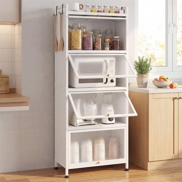 White 4-Shelf Metal 23.5 in. W Kitchen Baker's Rack Storage Cabinet Mobile Microwave Stand Flip-up Doors