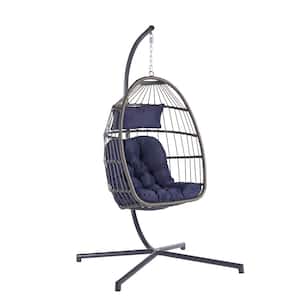 Outdoor Garden Wicker Patio Swing Egg Chair Folding Hanging Chair with Dark Blue Cushions