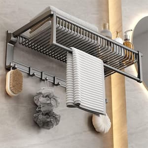 23.6 in. Wall Mounted Space Aluminium Foldable Towel Bar in Matte Gray with High Weight Capacity and 9 Hooks
