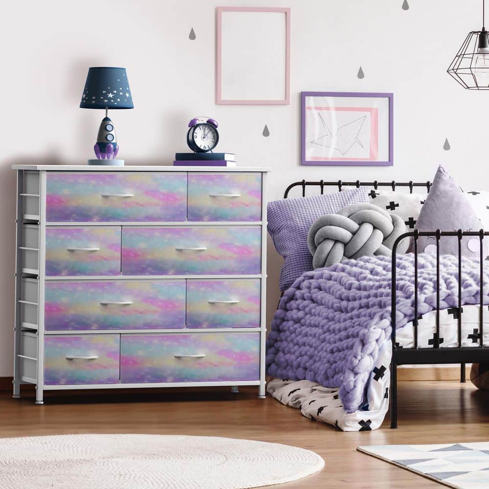 Dresser with Steel Frame, Wood Top, and Easy Pull Fabric Bins, Multicolored