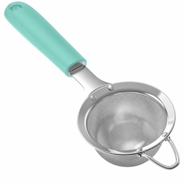 18/8 Stainless Steel Mesh Strainer with Riveted Silicone Handle, Blue Rice Sieve for Kitchen Sifting, Colander for Tea