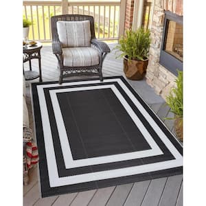 Paris Black and White 10 ft. x 14 ft. Folded Reversible Recycled Plastic Indoor/Outdoor Area Rug-Floor Mat