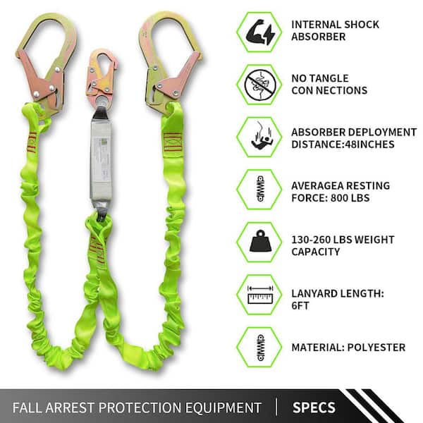 Double Leg 6 ft. Internal Shock Absorbing Safety Lanyard with Dual